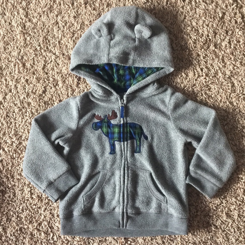 Adorable NWOT Carters fleece plaid moose hoodie